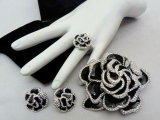 Joan Rivers 3 " Black Enamel Rhinestone Rose Flower Pin Earrings Ring Sz 9.  5 Box