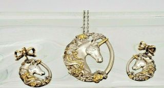 Vintage Gorham Unicorn Pendant Necklace W/ Earrings Sterling Silver Gold Accents