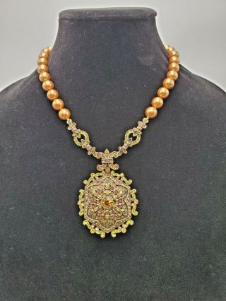 Heidi Daus Multicolor Floral Locket & Golden Pearl Beaded Necklace