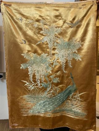 Antique Chinese Qing Dynasty Hand Embroidery Wall Hanging Panel 27 X 38 Inches