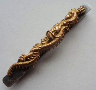 Antique Gold Japanese Menuki As Entwined Dragon On Sterling Tie Bar