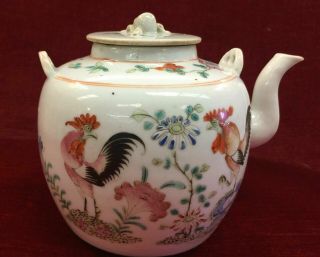 18TH C ANTIQUE CHINESE EXPORT FAMILLE ROSE ROOSTER PORCELAIN TEAPOT WAX SEAL 3