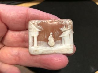 Victorian Square Hand Carved Shell Cameo Of A Woman Between 2 Houses