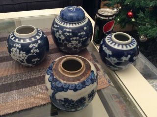 Antique Chinese Blue & White Prunus Ginger Jar Double Blue Circle Plus Others