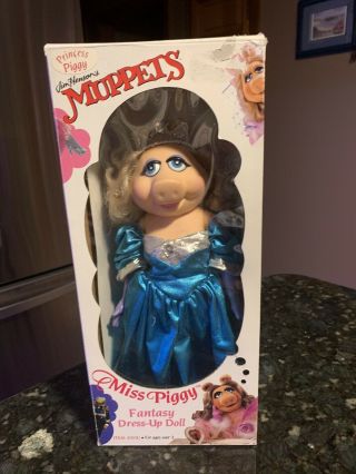 Rare Vintage Muppets Miss Piggy Dress Up Doll Princess Piggy Metallic Blue Dress