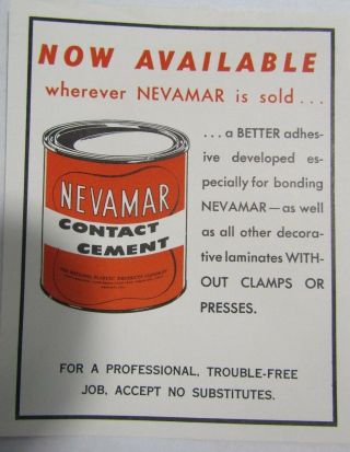 National Plastic Products Co. ,  Nevamar Contact Cement 1960 Paper Ad Ad17
