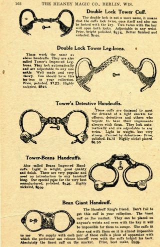 1924 Small Print Ad Of Magic Handcuffs Double Lock Tower,  Detective,  Bean Giant