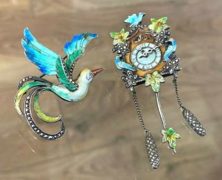 2 X Vintage Silver Enamel & Marcasite Brooch Pin Cuckoo Clock & Exotic Bird