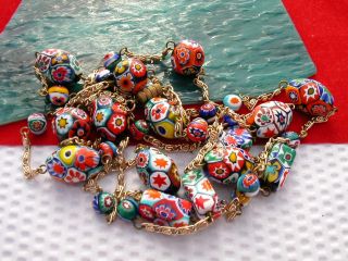 52  Vintage Italian Millefiori Art Glass Beads Chain Necklace