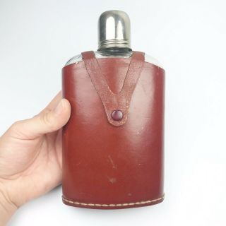 Vintage Rumpp Brown Leather Covered Clear Glass Whiskey Flask