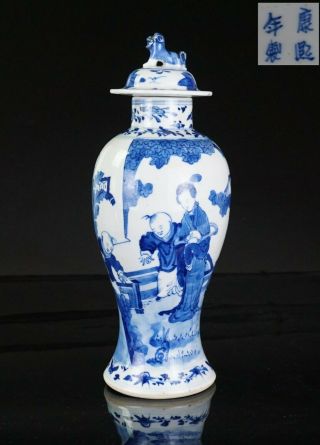 Antique Chinese Blue And White Porcelain Vase And Cover Kangxi Mark 19th C Qing