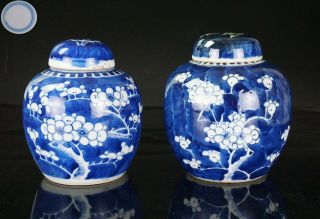 Pair Antique Chinese Blue And White Porcelain Prunes Blossom Vase Ginger Jar 19c