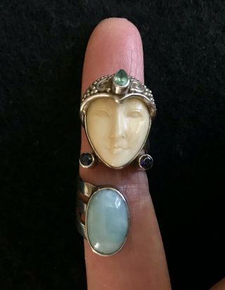 Sajen.  925 Silver And Larimar Adjustable Carved Goddess Ring
