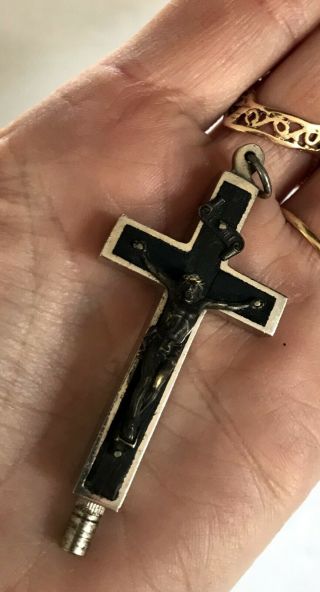 Vtg Old Relic St Anne Therese Gerard Crucifix Reliquary Cross Ebony Religious