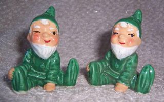 2 Vintage Enesco Elves Pixie Imp Gnome Ceramic Christmas Figures Japan Green Elf