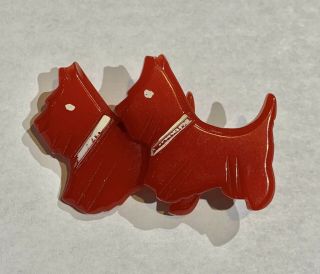 Vintage Red Carved Bakelite Double Scotty Dog Brooch Pin All