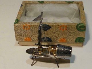 Antique Chinese Silver Miniature Junk Chinese Boat W/ Box