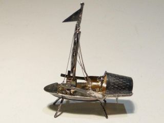 Antique Chinese Silver Miniature Junk Chinese Boat W/ Box 2