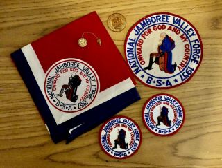Boy Scout 1957 National Jamboree Neckerchief,  Patches,  Pin And Coin