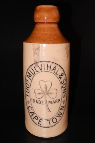 Thos Mulvihal & Sons Cape Town Stoneware Ginger Beer Bottle Shamrock Logo