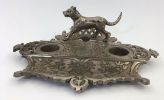 Antique Metal Sculpture Figural Dog Pit Bull Mastiff Desktop Double Inkwell