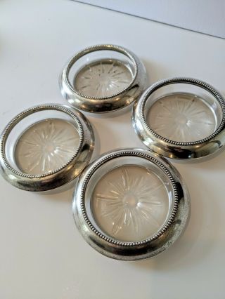 Frank M.  Whiting Vintage Sterling Silver Glass Coasters Set Of 4 Beaded Edge