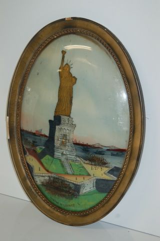 Vintage Statue Of Liberty Reverse Painting On Convex Oval Glass Frame 22 " X 16 "