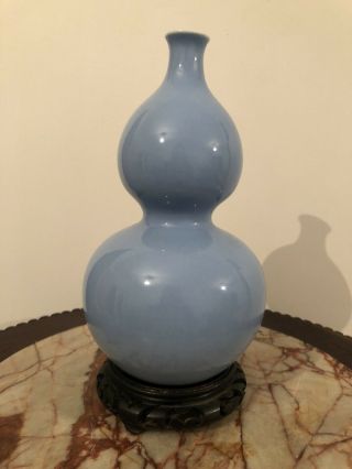 Chinese Porcelain Double Gourd Vase Wooden Stand 6 Character Mark To Base