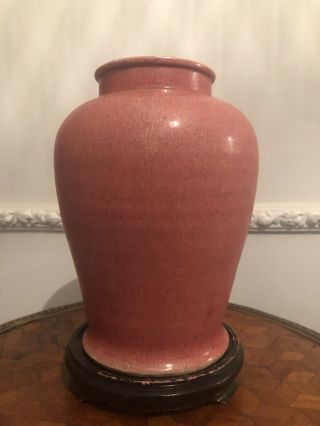 Chinese Pink Porcelain Ceramic Crackle Vase Wooden Stand