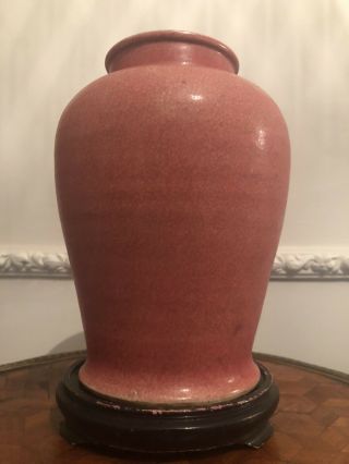 Chinese Pink Porcelain Ceramic Crackle Vase Wooden Stand 2