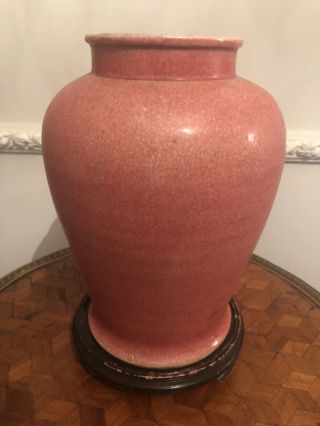 Chinese Pink Porcelain Ceramic Crackle Vase Wooden Stand 3