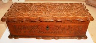 Antique 19th Chinese Canton Carved Sandalwood Wood Carved Scholar Jewelry Box