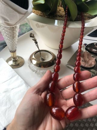 Vintage Cherry Red Cognac Amber Bakelite Beads Necklace Marbled