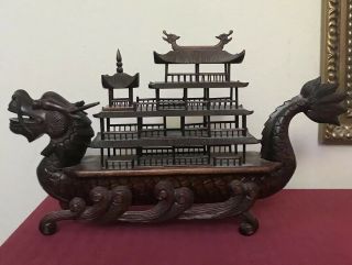 Hand Carved Chinese Reddish Hard Wood Dragon Boat Removable Deck Large 22”