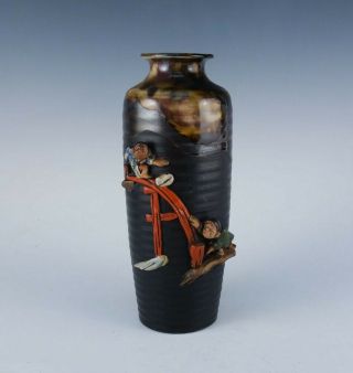 Antique 19c Japanese Meiji Signed Sumida Gawa Vase W Two Little Boys