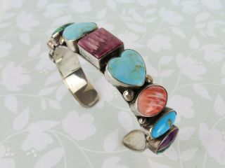 Vtg Native American Navajo Heart Sterling Turquoise Spiny Oyster Cuff Bracelet