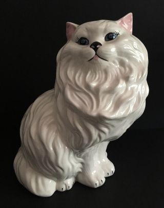 Vintg.  Large White Ceramic Persian Cat Figure Statue 14“ 1979 Blue Eyes Pottery