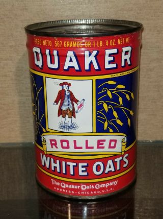 1940s Key Wind 1 Pound 4 Oz Quaker Rolled White Oaks Tin Can 6 Language