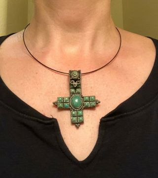 Southwest Turquoise Stone And Sterling Silver Cross Square Pendant Unique