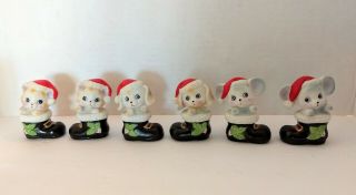 1980s Homco,  Kitten Puppy Mouse In Christmas Boot Porcelain 8903 Set Of 6