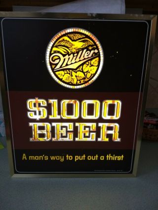 Vintage Cool Miller $1000 Beer Lighted Bar Sign With Motion And Looks Good