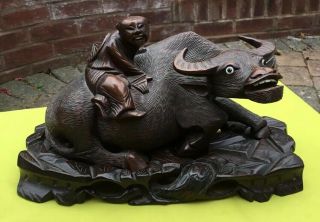 Quality Antique 19th C Chinese Carved Hard Wood Sage On Water Buffalo