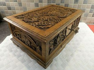 Antique Chinese Hand Carved Good Luck Box With Tray & Interior Photo Frame,  Key