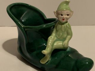 Vintage Mid Century Green Ceramic Elf Pixie Sitting On Shoe Planter