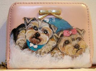 Yorkie Hand Painted Leather Card Wallet With Top Zip Coin Pocket