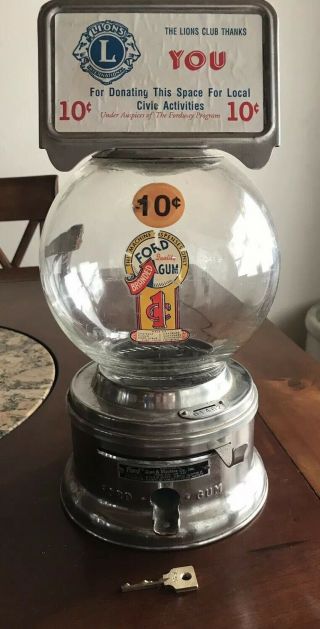 Vintage Ford Gumball Machine 1 Cent Gumball Machine With Key Glass Globe