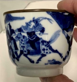 Antique Chinese Signed Blue White Porcelain Warrior Tea Cup