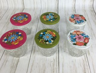 6 Vintage Ball Quilted Crystal Canning Jars Floral Metal Lids Pink Green White