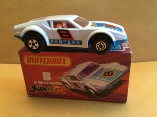 Matchbox Superfast No.  8 De Tomaso Pantera White Side Labels,  Blue Base Boxed