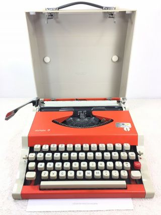 Vintage Olympia 3 Orange Portable Typewriter W/ Case Made In Japan Usa